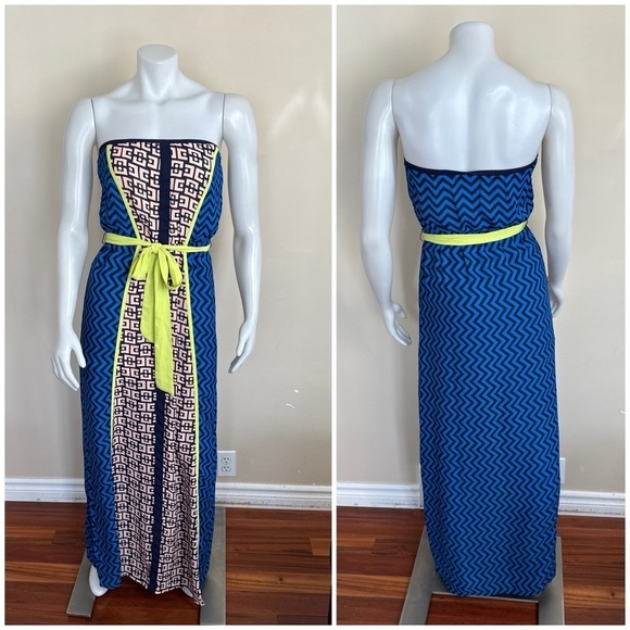 Jealous Tomato Dresses & Skirts - Jealous Tomato Strapless Blue Chevron & Neon Yellow Belt Maxi Dress